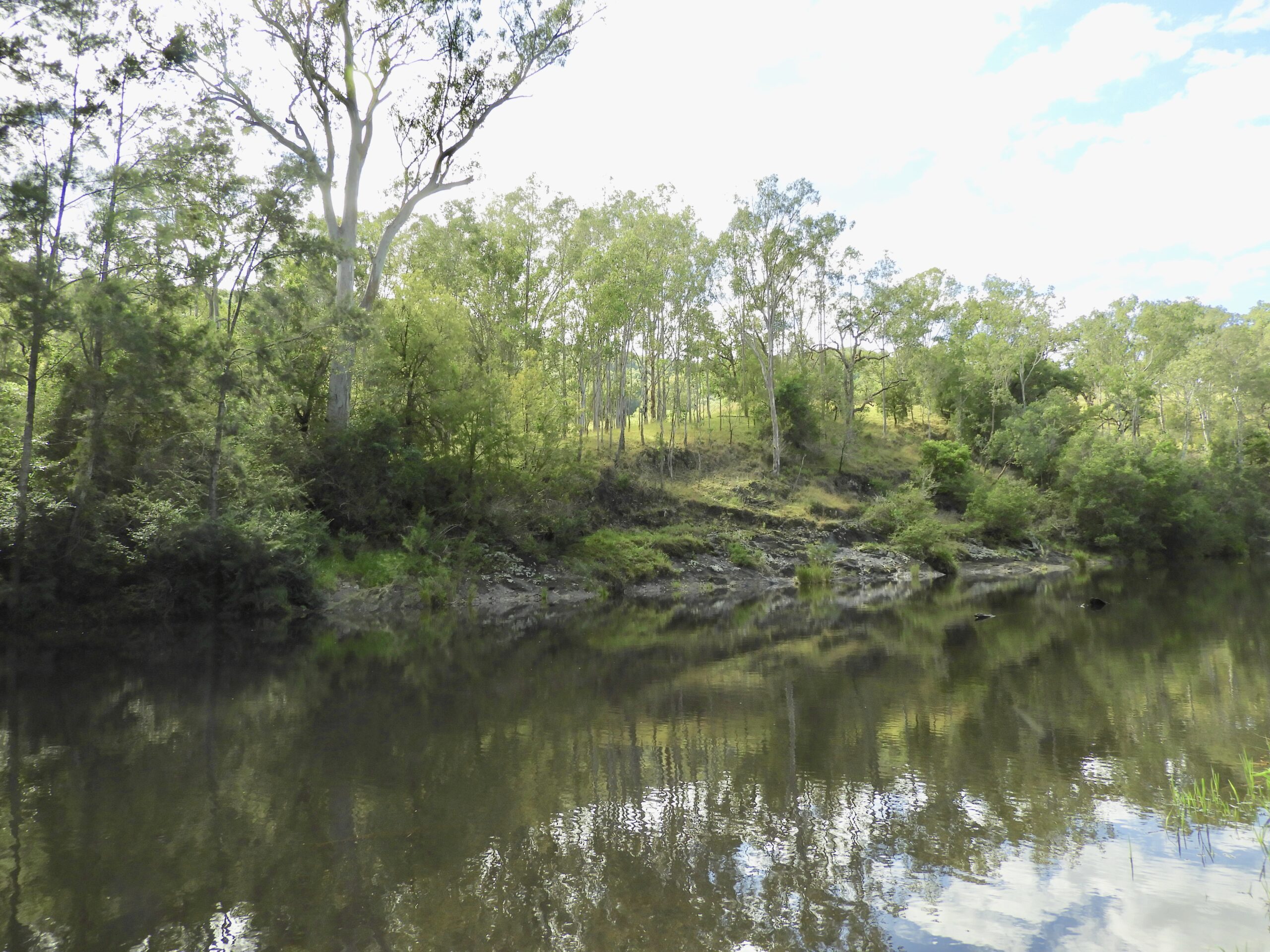 Man and two children in shallow river with kayaks on hot sunny day